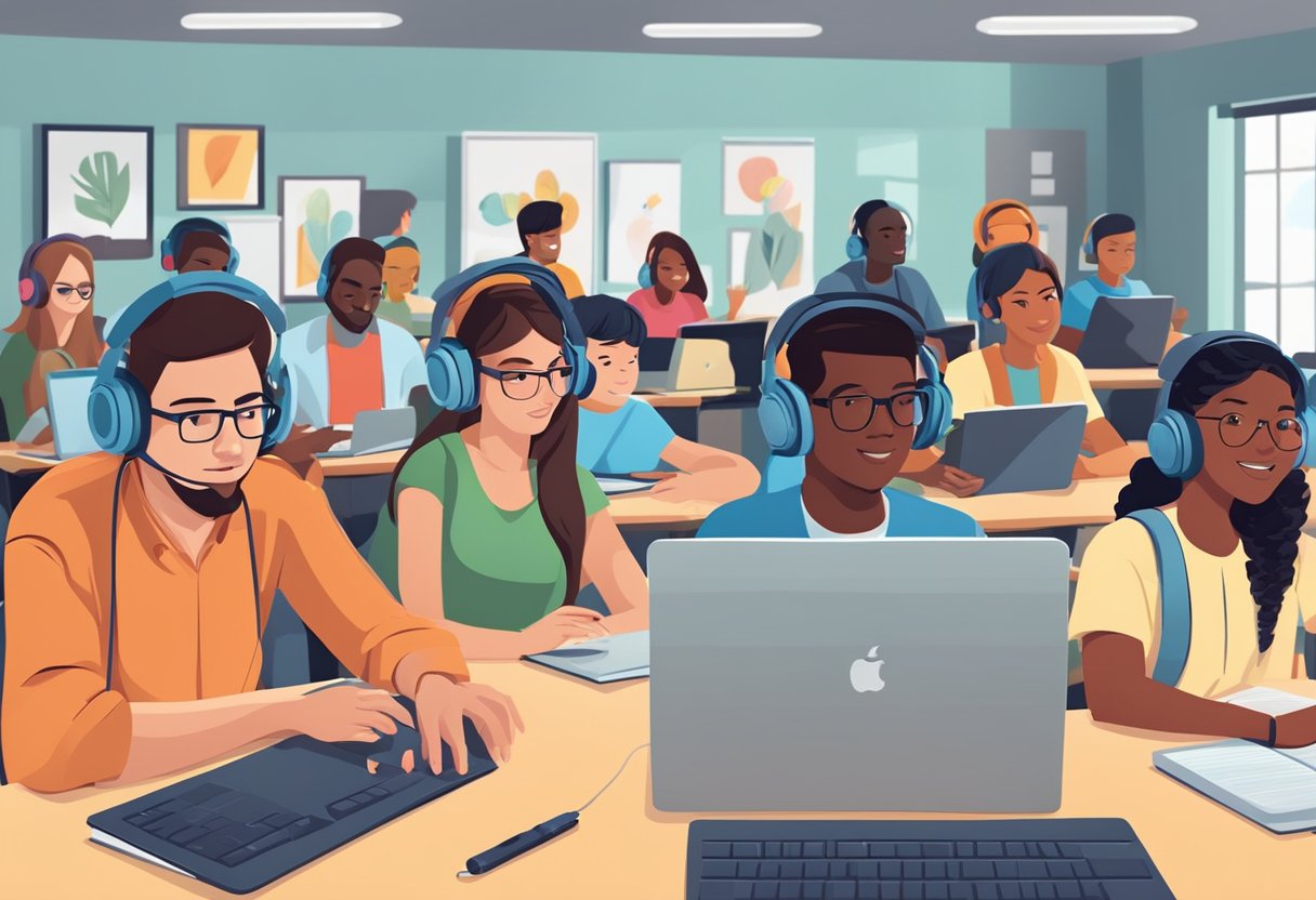 A diverse group of students wearing headphones while watching educational videos on various devices in a modern classroom setting