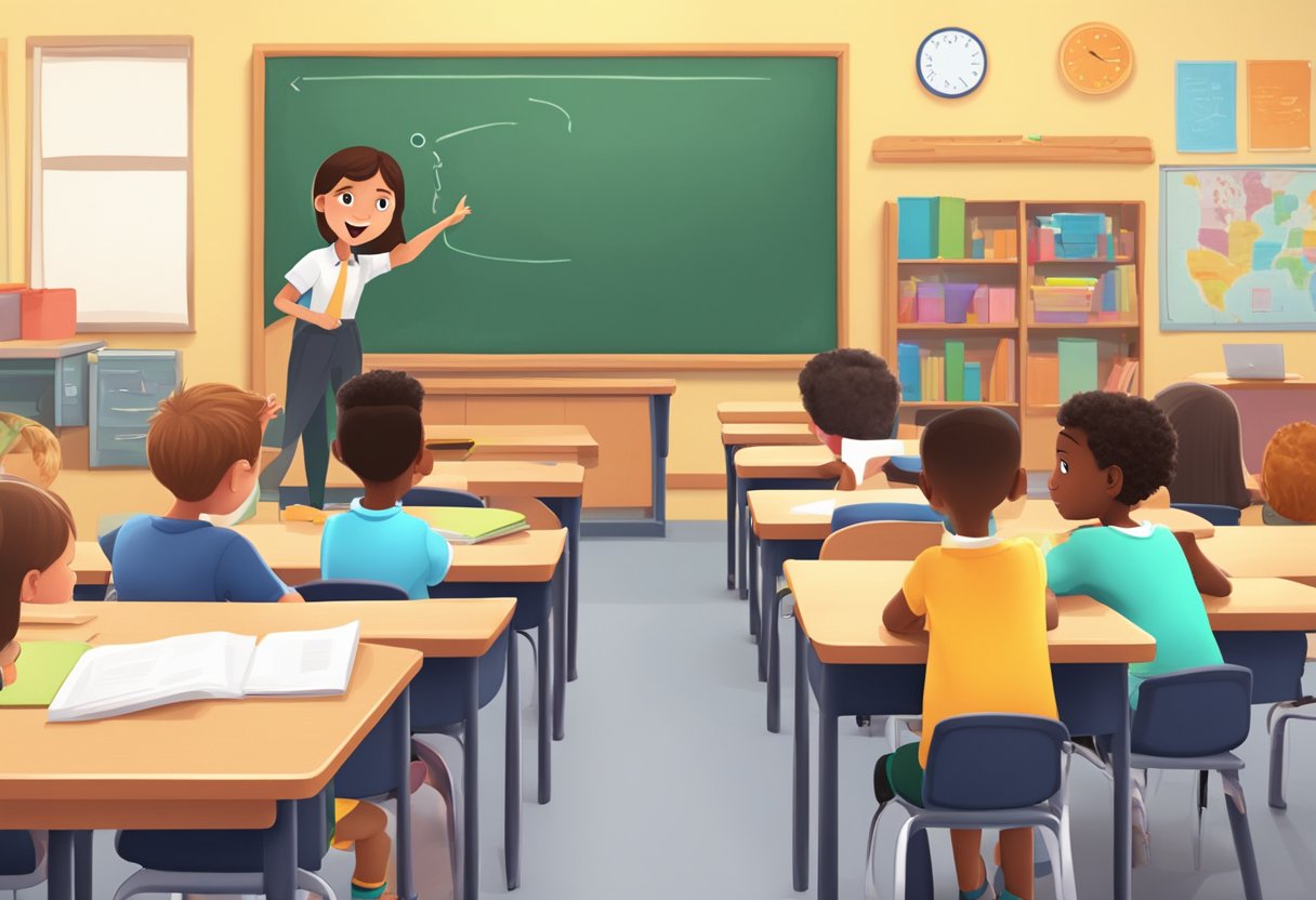 A classroom setting with animated characters teaching and engaging with students using interactive educational animations