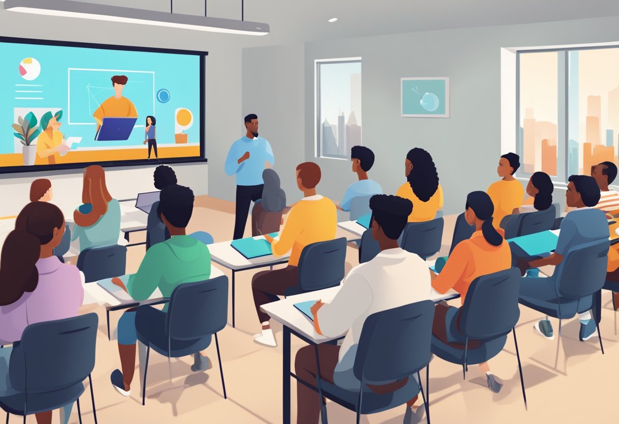 A group of diverse and engaged students watching an interactive educational animation on a large screen in a modern classroom setting