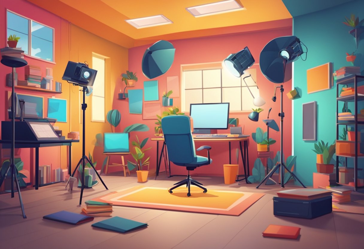 A colorful animation studio with various props and equipment for creating educational content