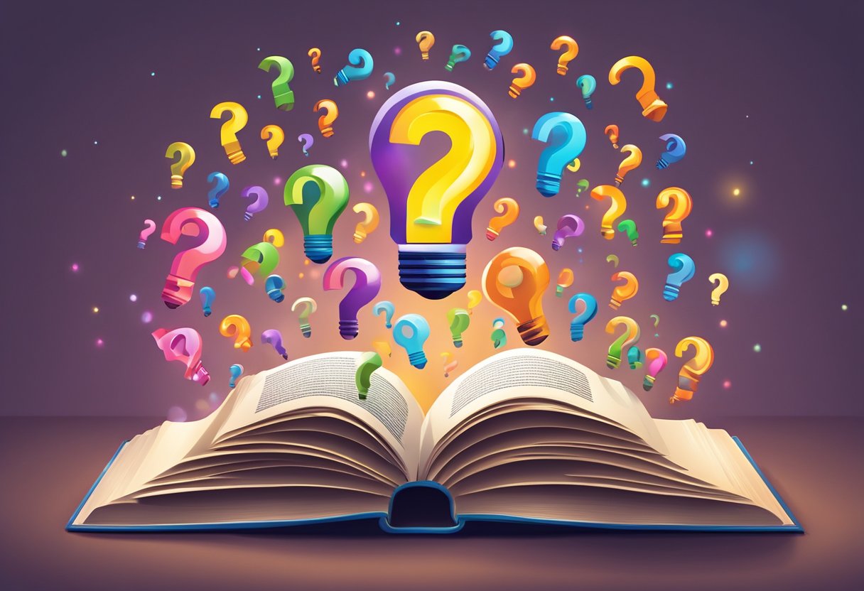 A group of colorful question marks swirling around a book, with a lightbulb above it, representing the concept of educational storytelling