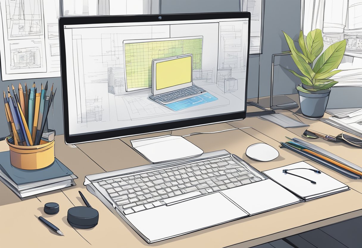 A computer screen with animation software open, surrounded by drawing tablet, stylus, and reference materials
