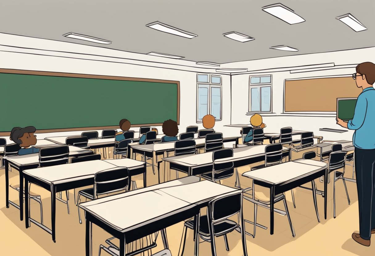 A classroom setting with desks, chairs, and a chalkboard. A teacher is using stop motion animation to demonstrate a concept to students