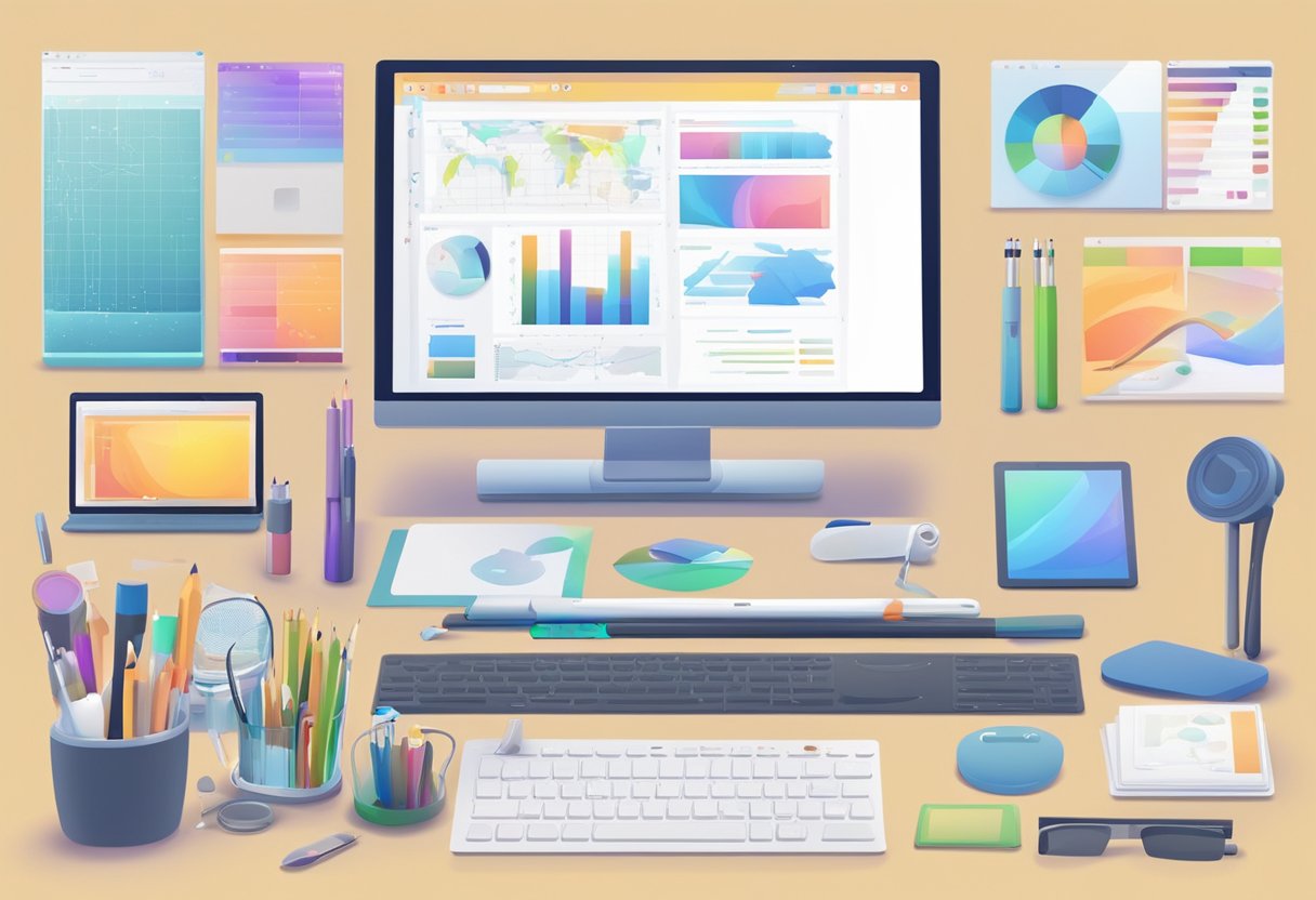 A computer screen with various animation templates and customization options displayed, surrounded by creative tools and equipment