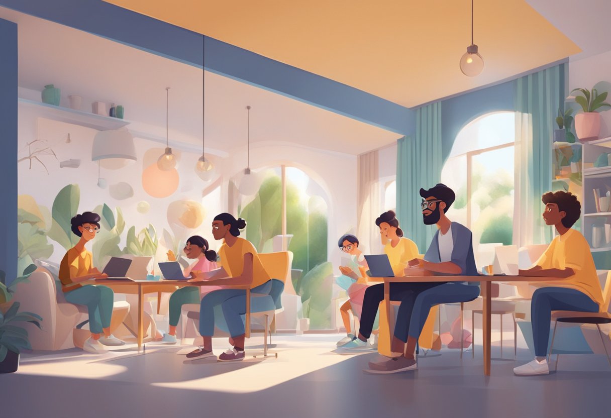 A dynamic composition of animated characters demonstrating principles of design through movement and visual storytelling