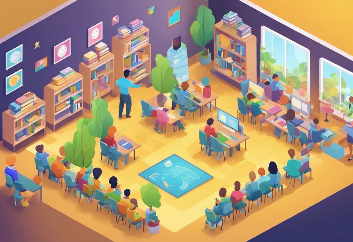 A colorful 2D animation of a dynamic educational concept, with interactive elements and engaging visuals