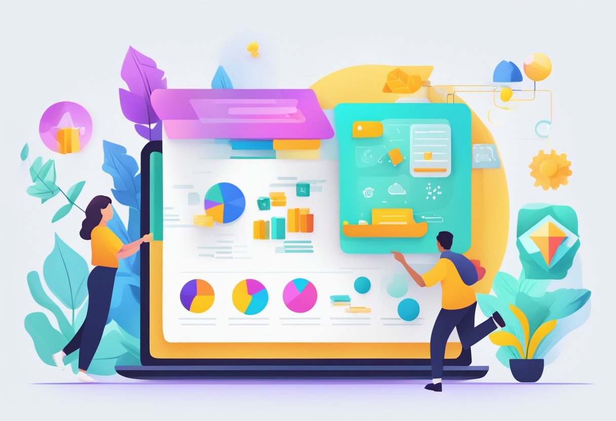 A colorful, dynamic animation of complex educational concepts, with visual aids and interactive elements, designed for online learning platforms