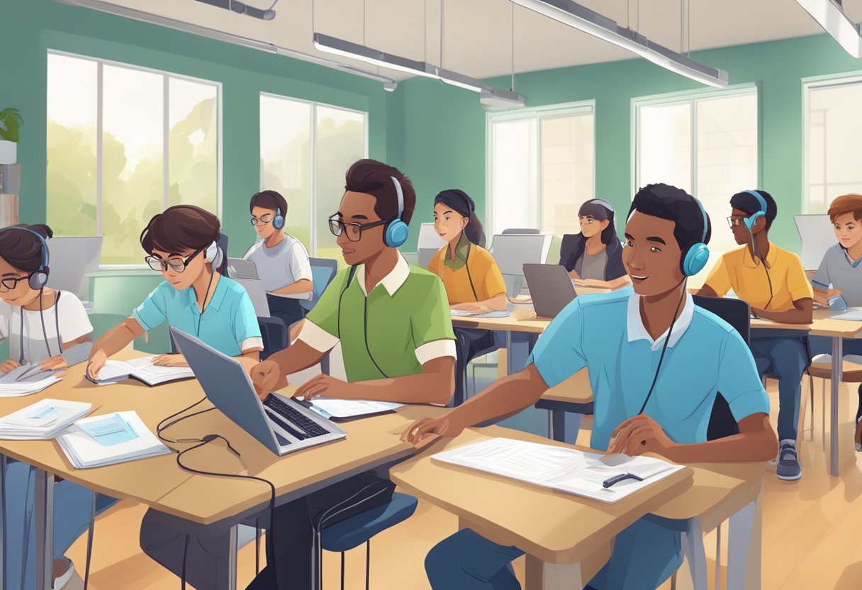 A group of animated characters progressing through a series of short courses and training programs, with educational materials and technology in the background