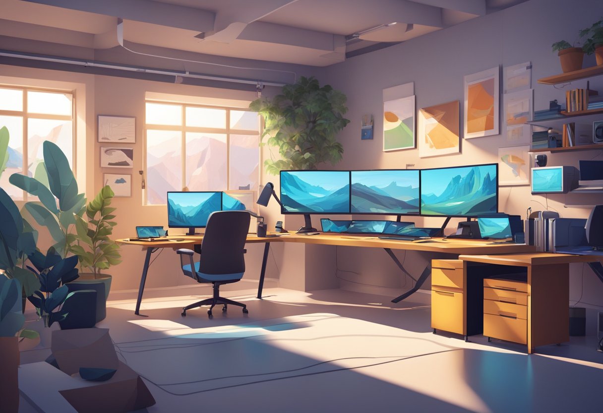 A dynamic studio filled with cutting-edge animation equipment and technology. Multiple workstations, large monitors, and advanced software. Bright, modern environment with creative energy