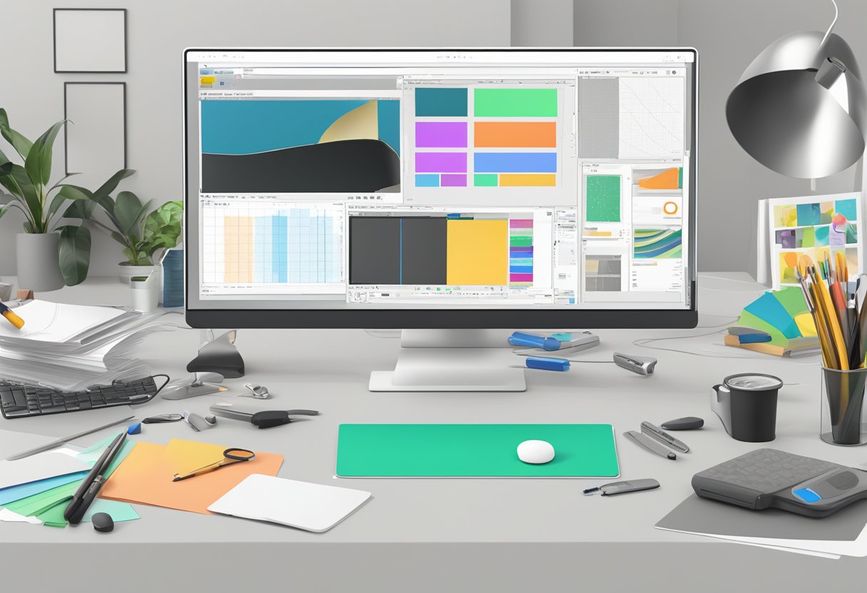 A computer screen with animation software open, surrounded by various tools and reference materials