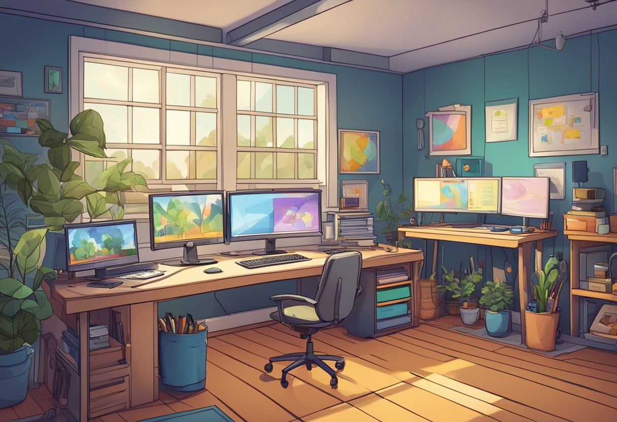 A colorful animation studio with various tools and software, featuring a storyboard, character designs, and motion graphics