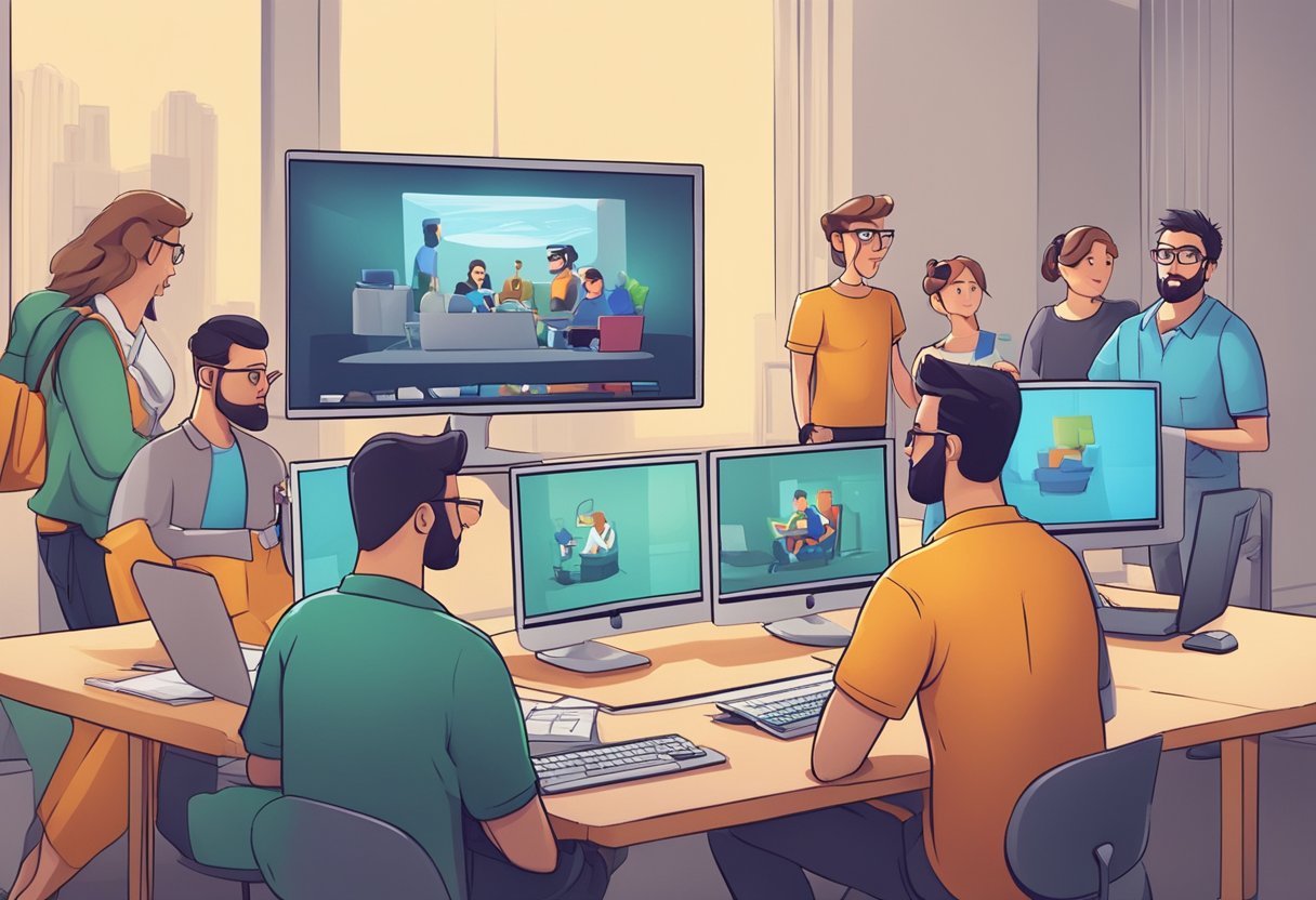 A group of animated characters gather around a computer screen, watching a video production agency logo come to life