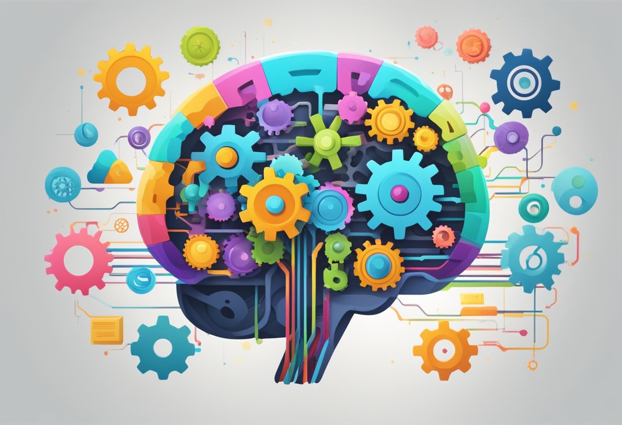 A brain with gears and colorful lines, surrounded by floating animation symbols and educational tools
