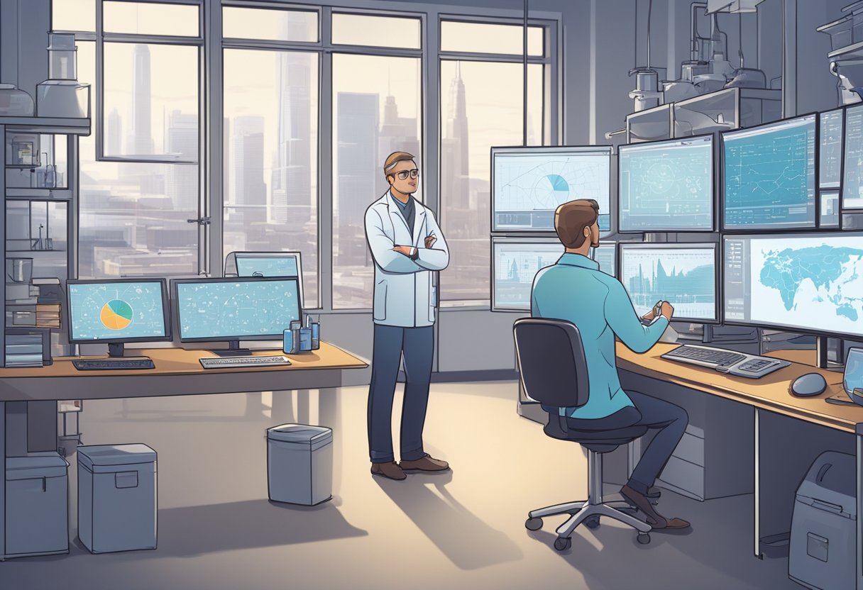A scientist conducting research in a lab, surrounded by computer screens and diagrams, with animated educational videos playing on the monitors