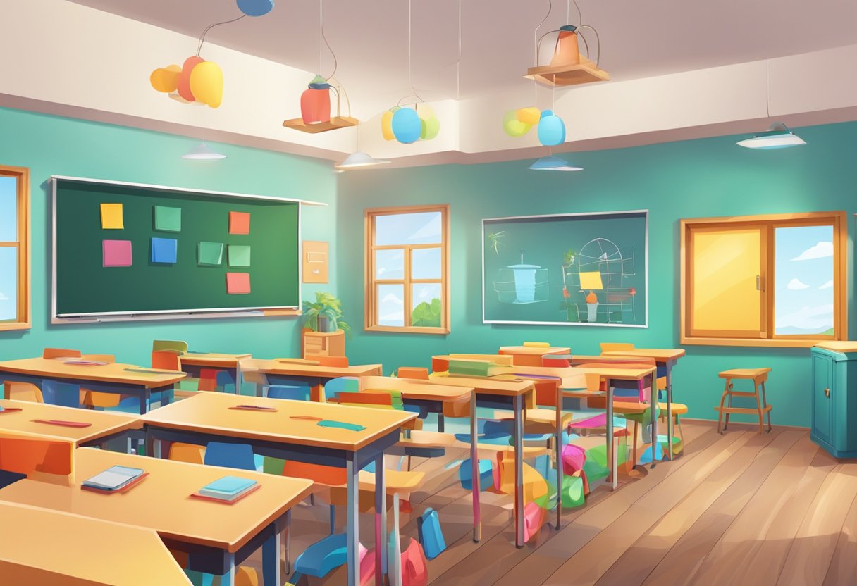 A colorful animated classroom with interactive audiovisual elements