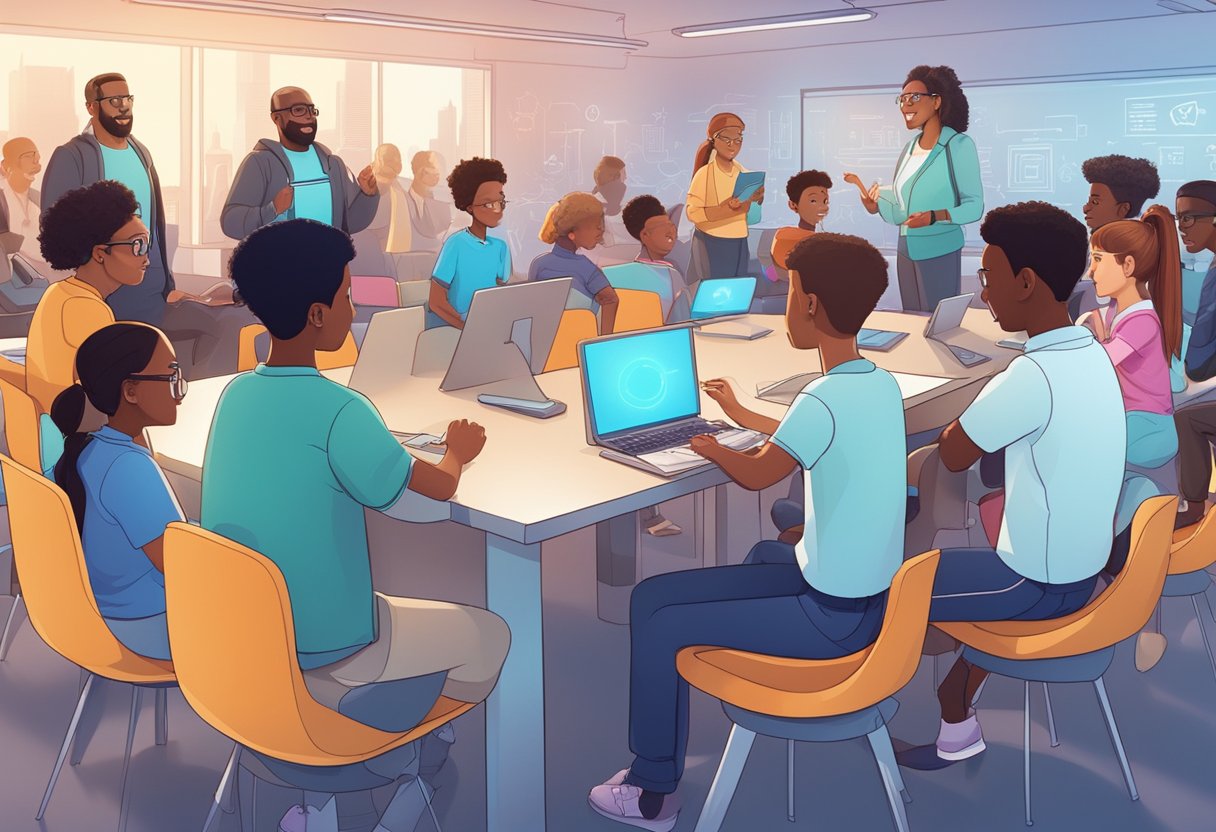 A diverse group of animated characters engage in interactive learning activities in a futuristic classroom setting
