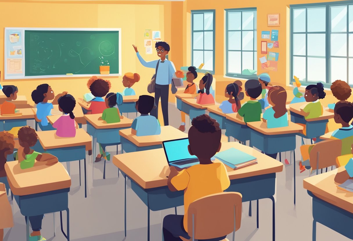 A classroom filled with animated characters interacting with students and teaching various subjects through dynamic visuals and engaging storytelling