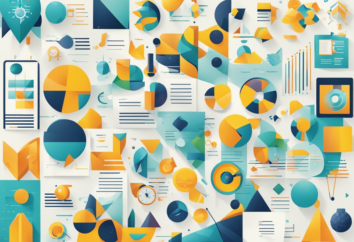 A collection of vibrant, abstract shapes and symbols representing various educational case studies and success stories in the UK