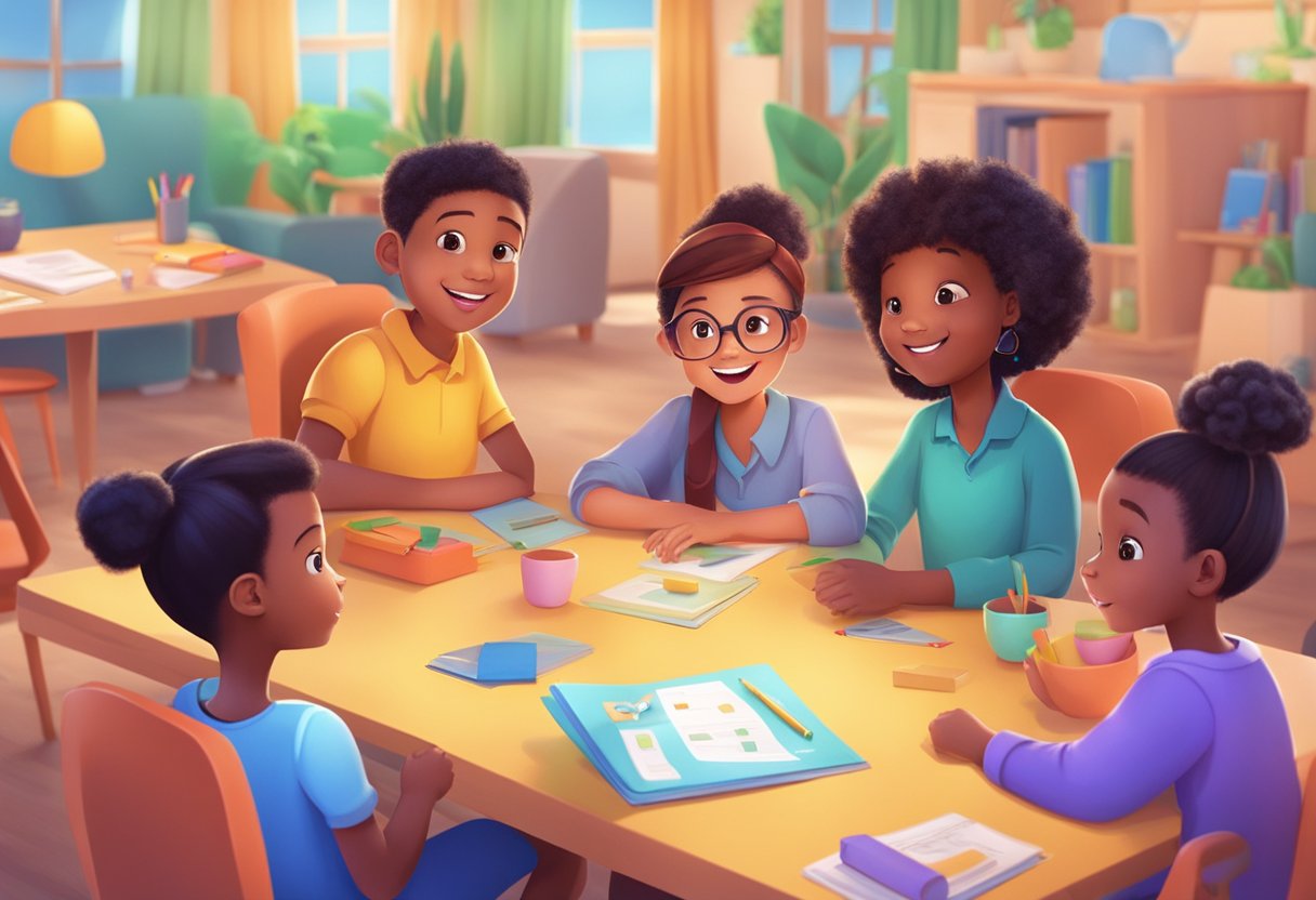 A diverse group of animated characters engage in educational activities in a vibrant and inviting setting