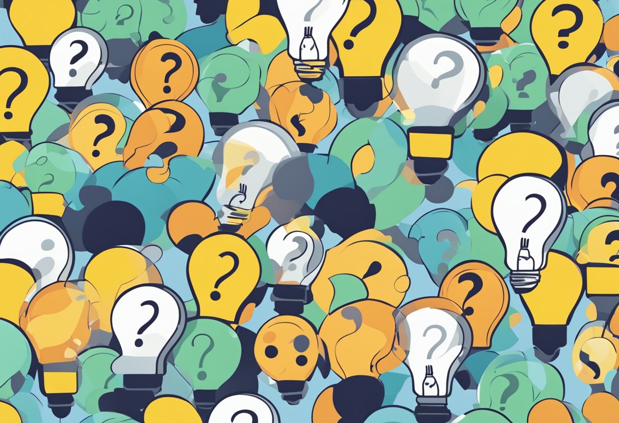 An animated character surrounded by question marks, with a lightbulb above its head, representing educational insights