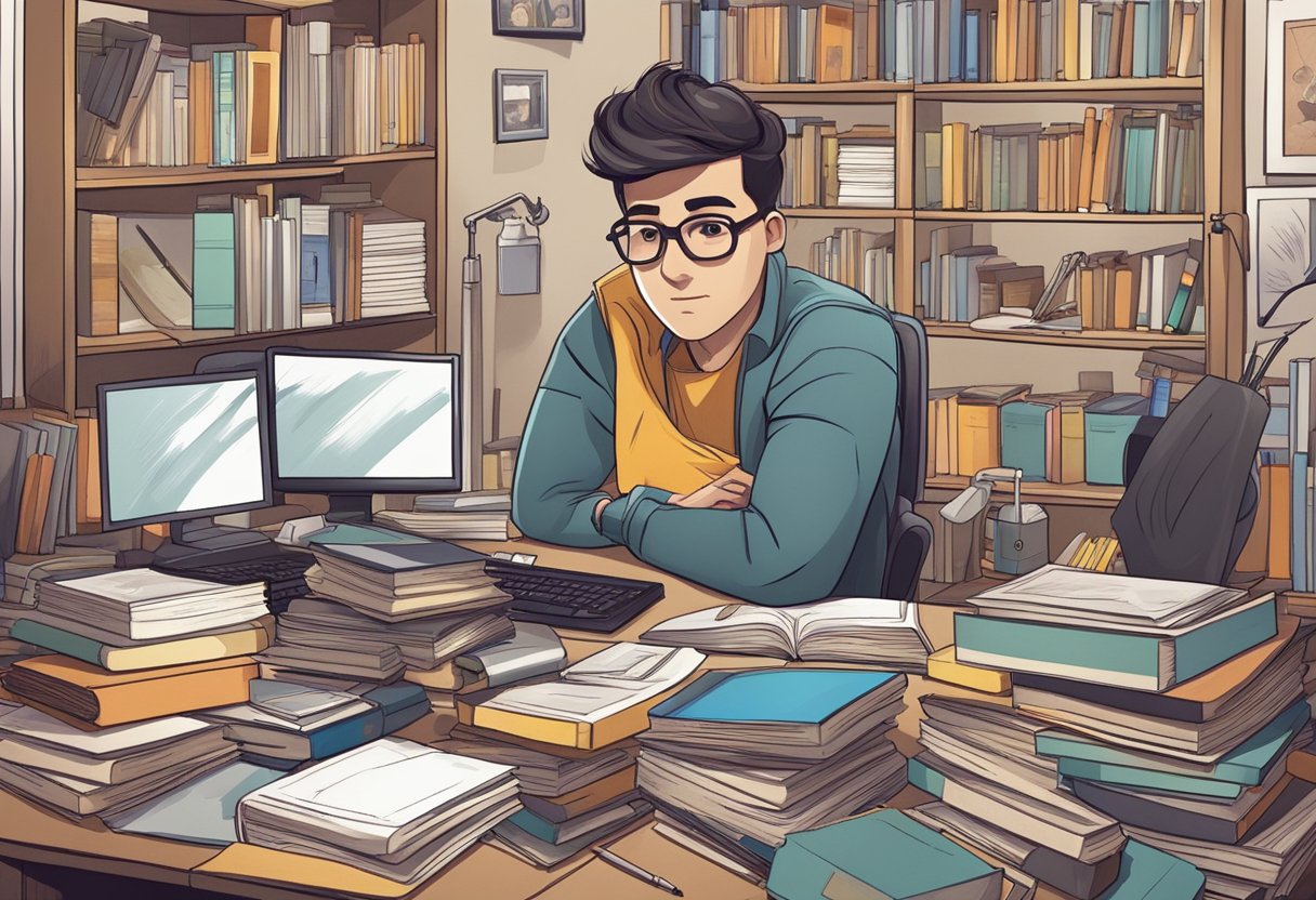 An animated character surrounded by books, computer screens, and art supplies, with a creative and focused expression