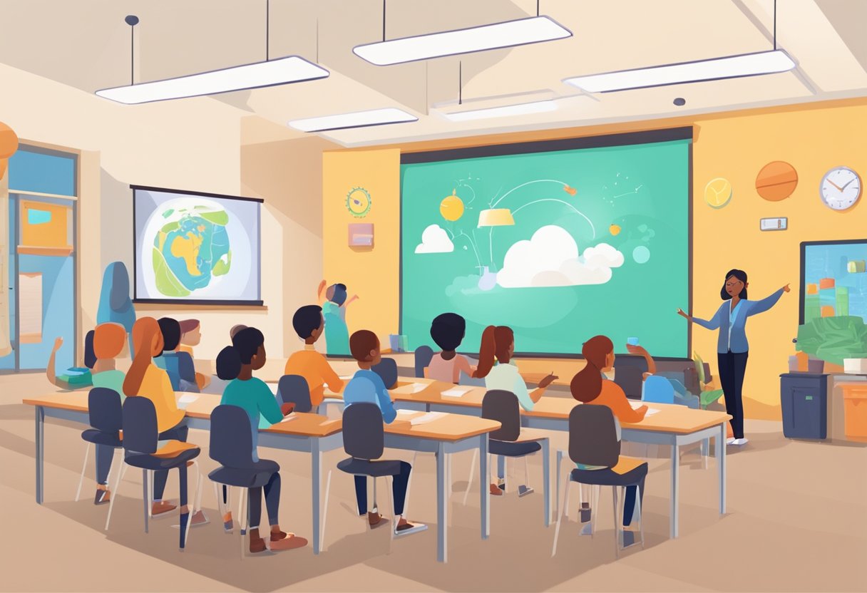 A classroom setting with interactive animations projected onto a screen, surrounded by engaged students and a teacher