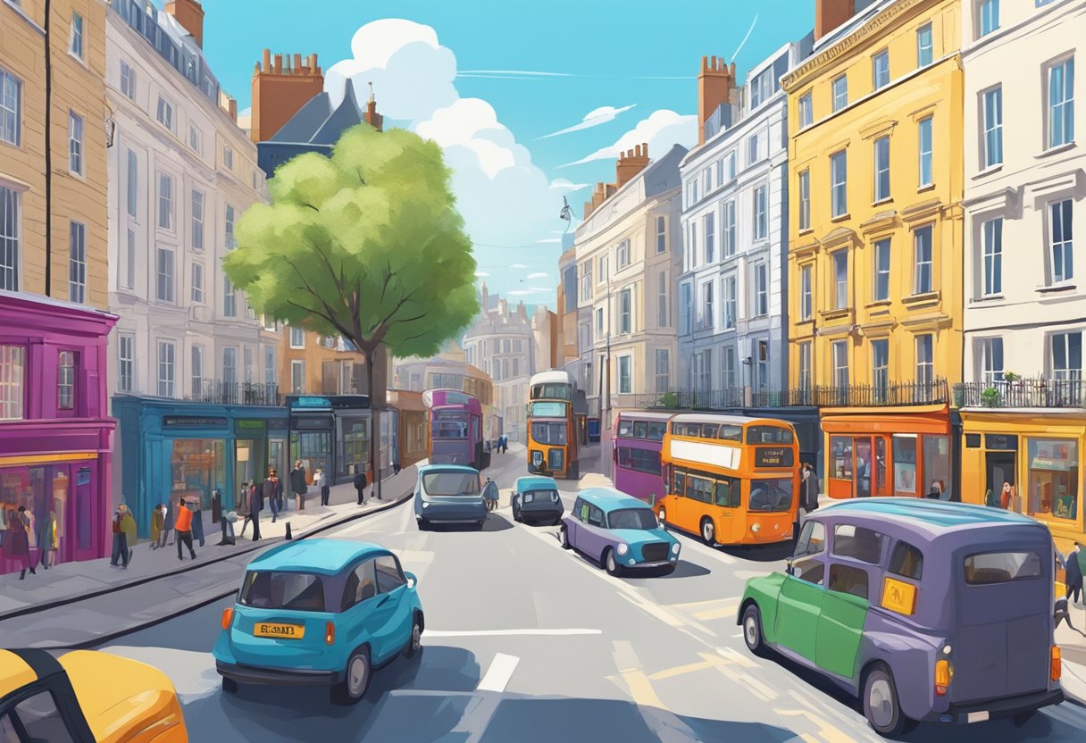 A bustling London street with iconic animation studio buildings lining the road, surrounded by creative energy and vibrant colors