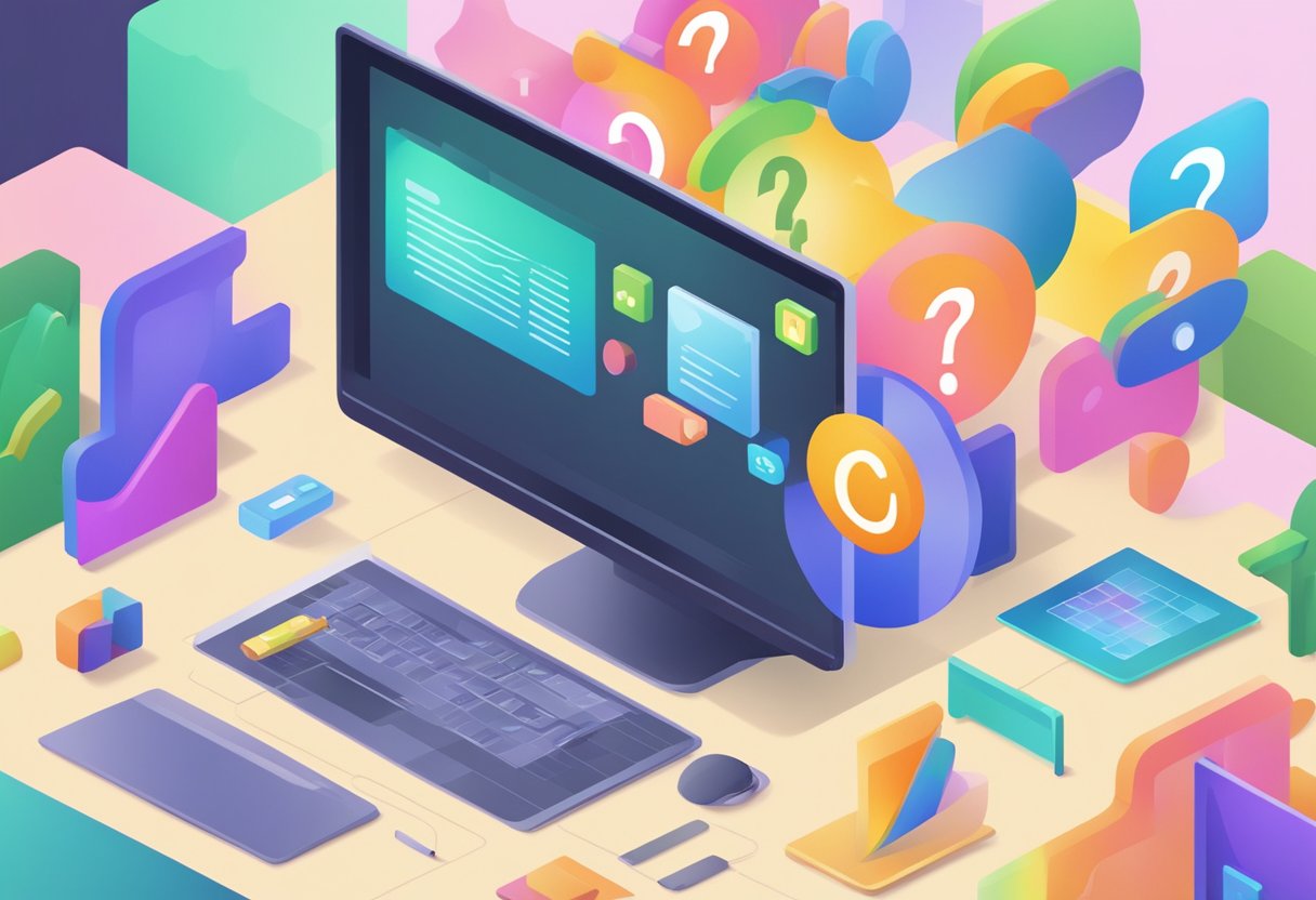 A computer screen displaying interactive learning animations with question marks and colorful graphics