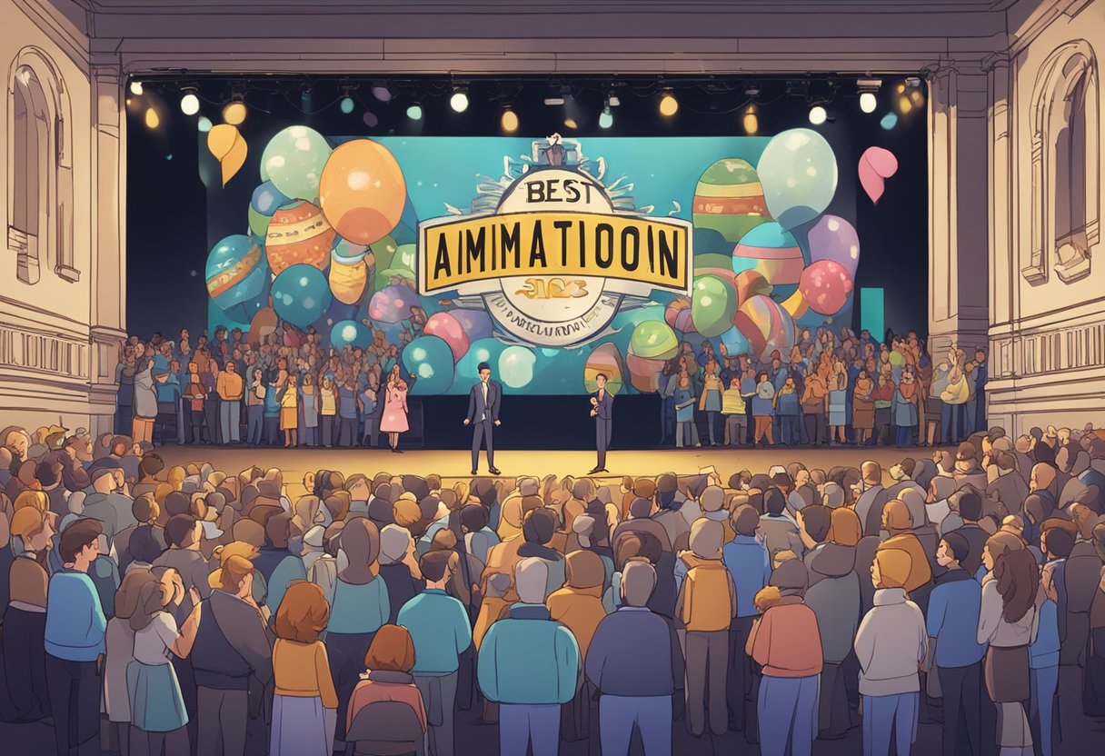A group of animated characters stand on a stage, surrounded by flashing lights and a crowd of cheering onlookers. A large banner reads "Best Animation Studio London" above the stage