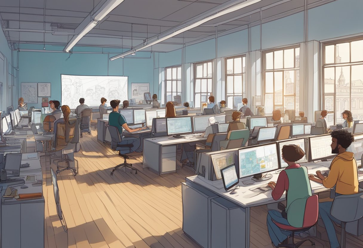 A bustling animation studio in London, filled with artists at their desks, sketching and animating characters for educational pathways