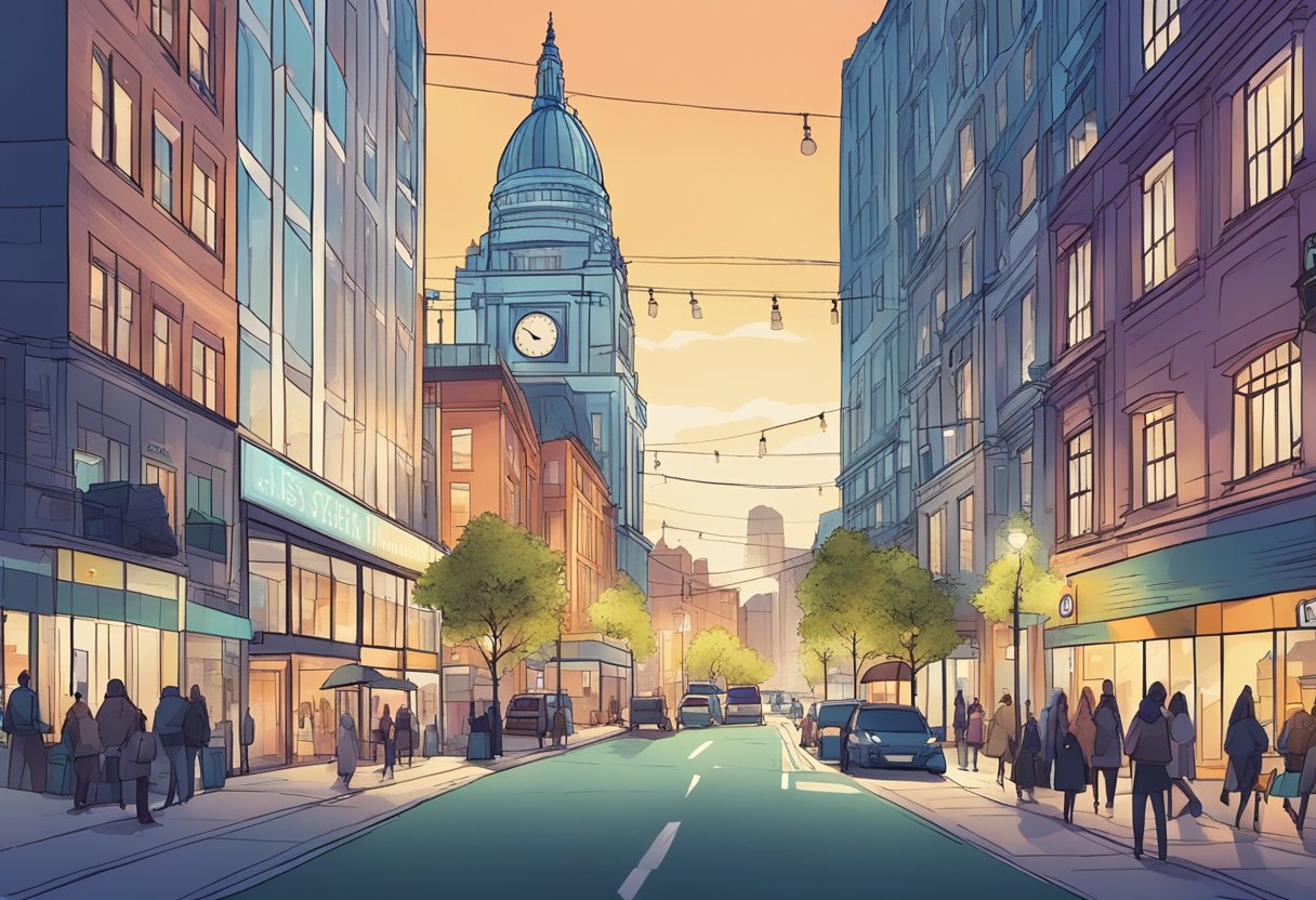 A bustling city street with a sleek, modern building labeled "Best Animation Studio London." Bright lights and a vibrant atmosphere suggest creativity and opportunity