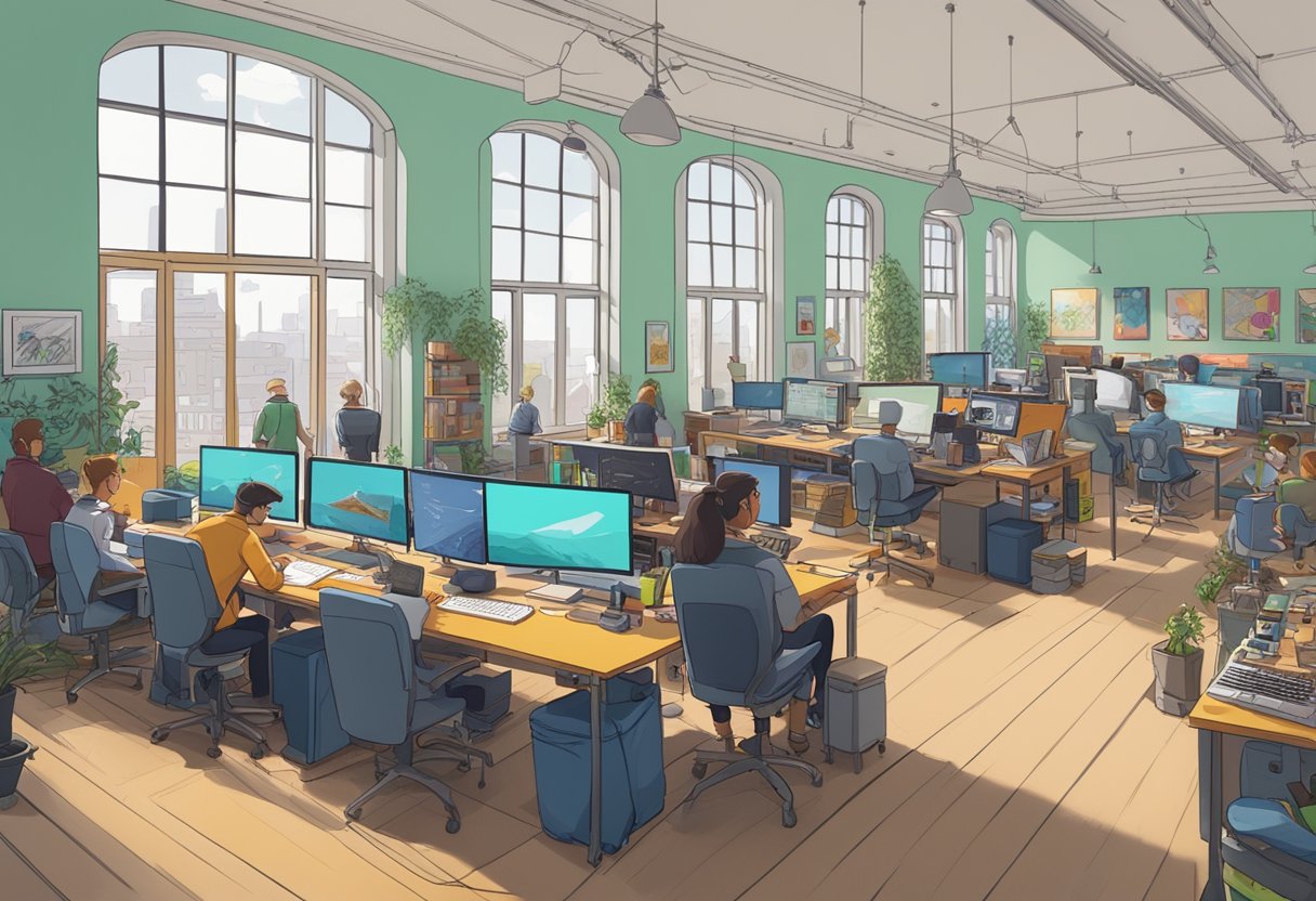 A bustling animation studio in London, filled with colorful drawing tables, computers, and artists working on creating their own animated video