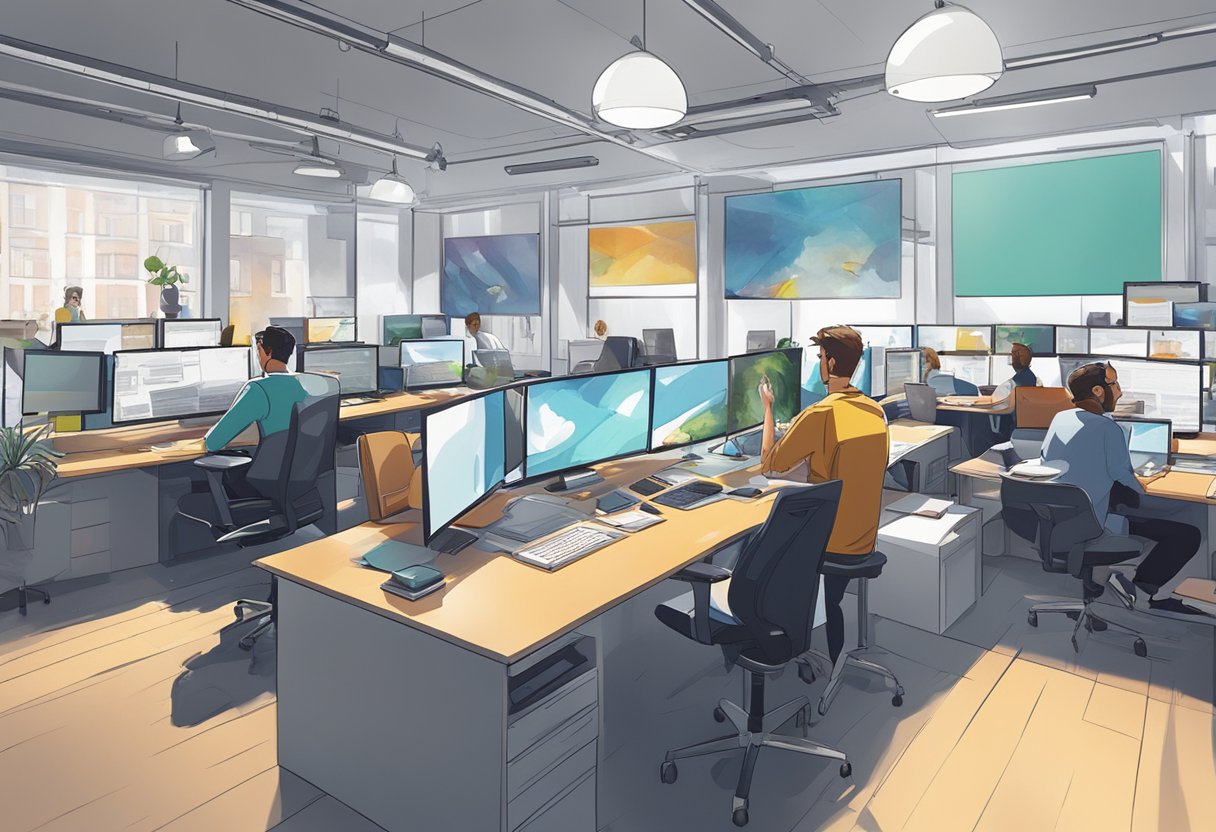 A bustling animation studio in London, with teams brainstorming, storyboarding, and animating. Bright, modern office space with colorful artwork and posters