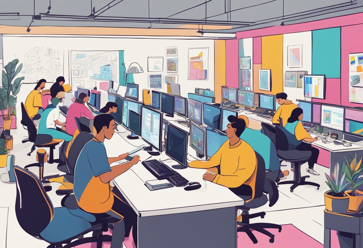 A bustling animation studio in London with a sign reading "Frequently Asked Questions." Artists at work, surrounded by colorful sketches and computer screens