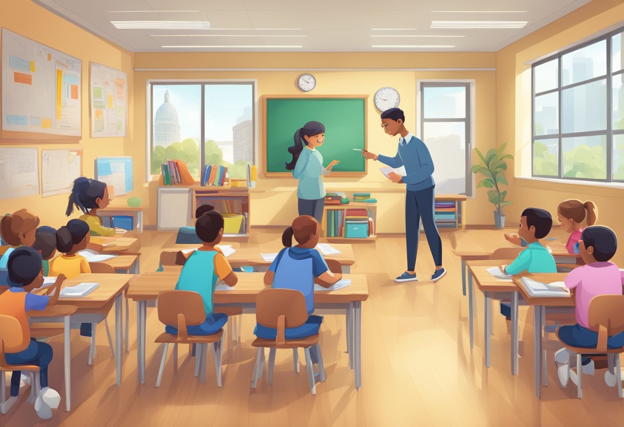 A classroom setting with animated characters interacting with educational materials and technology