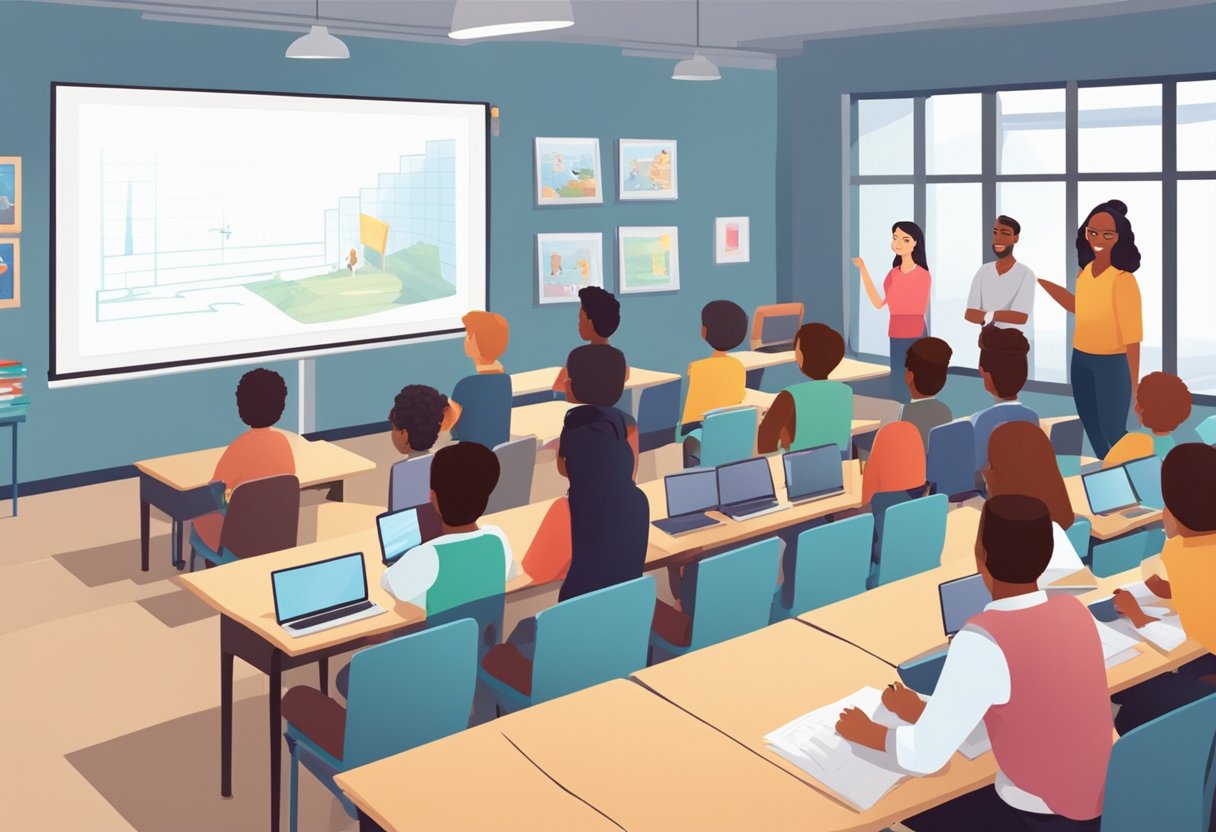 A classroom with diverse students watching an engaging animation on a large screen, while a teacher enthusiastically explains animation techniques