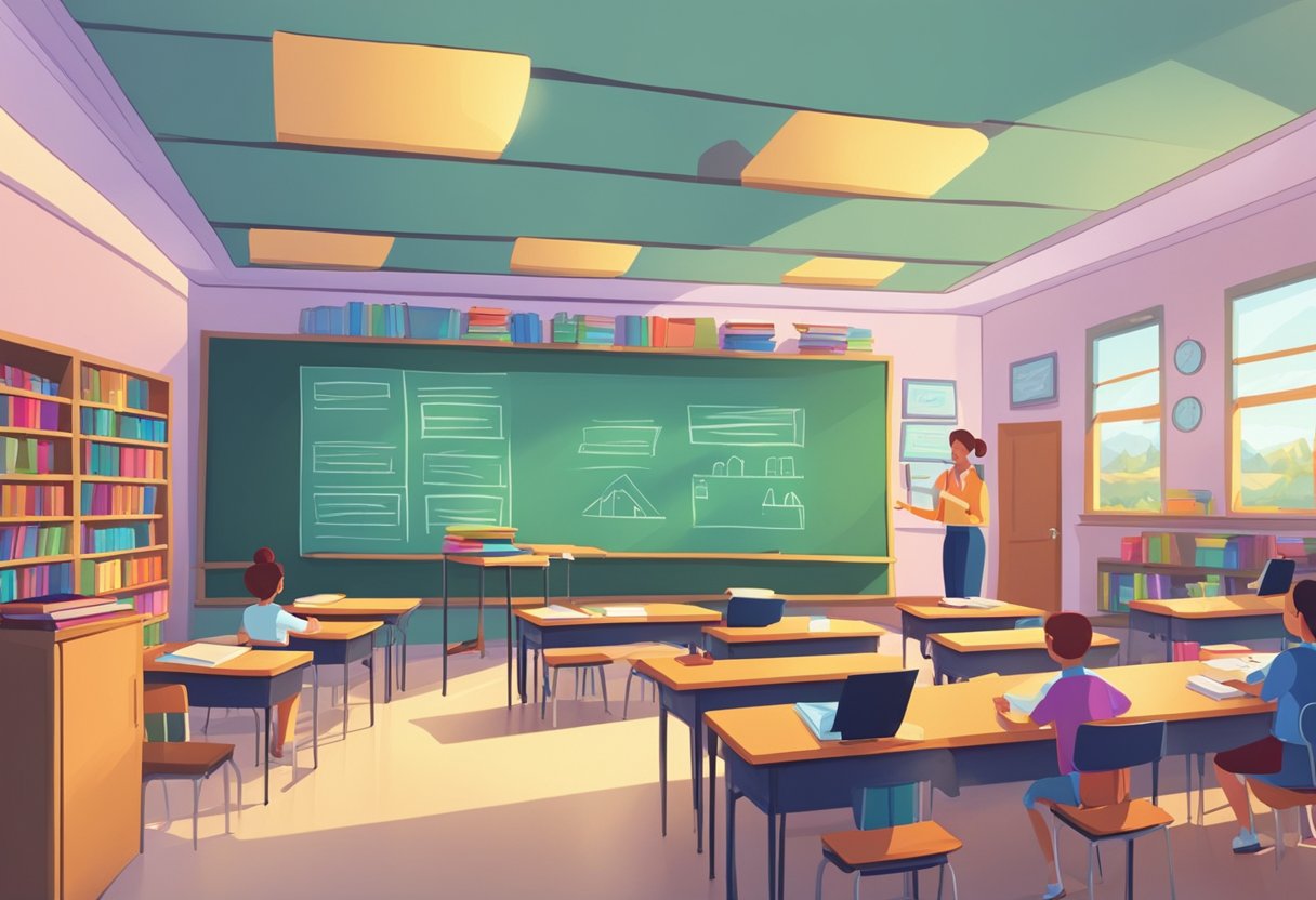 A classroom filled with colorful books, desks, and a chalkboard. A teacher stands at the front, pointing to a large screen displaying animated educational content
