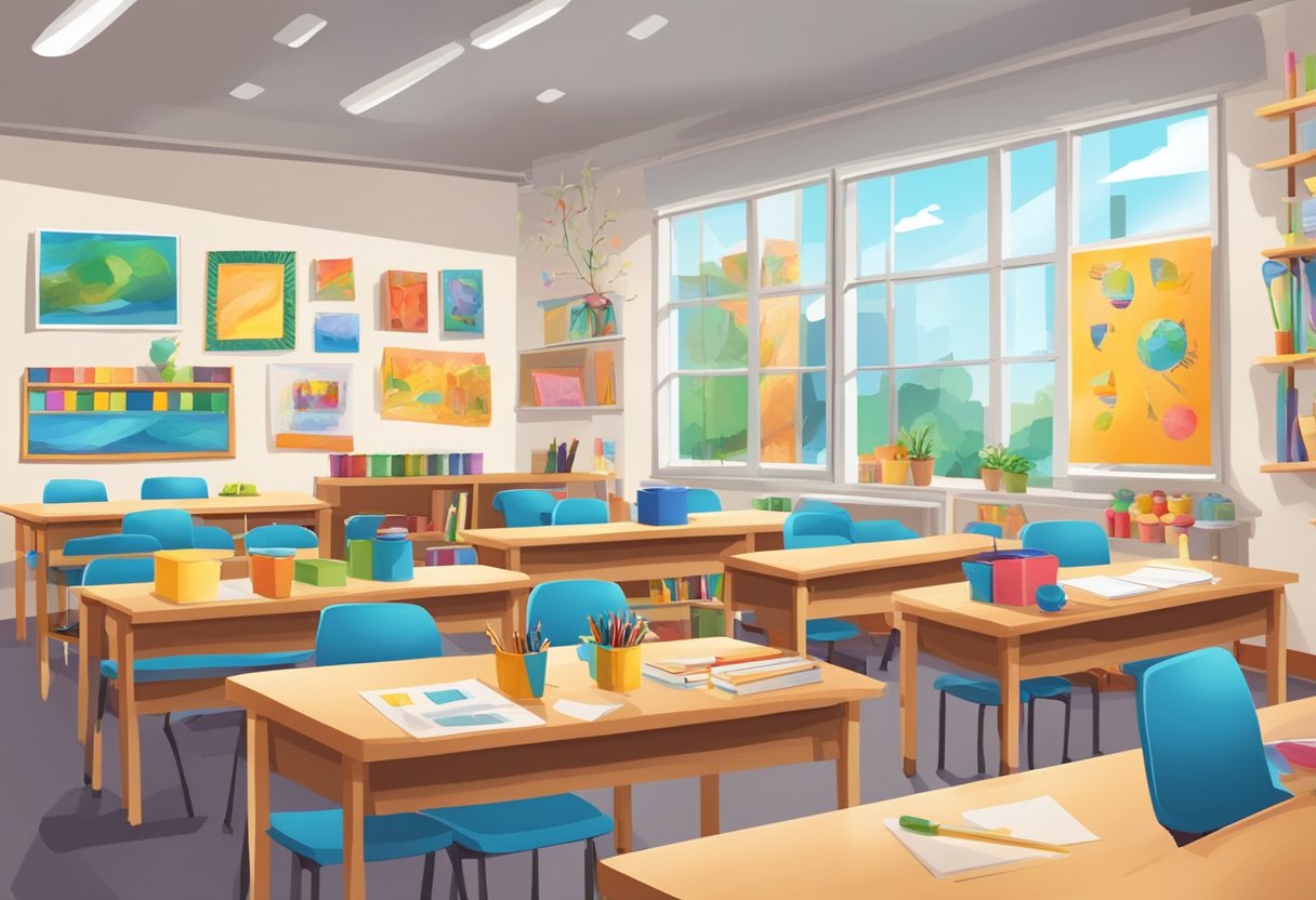 A colorful classroom with diverse art supplies and students' work displayed on the walls