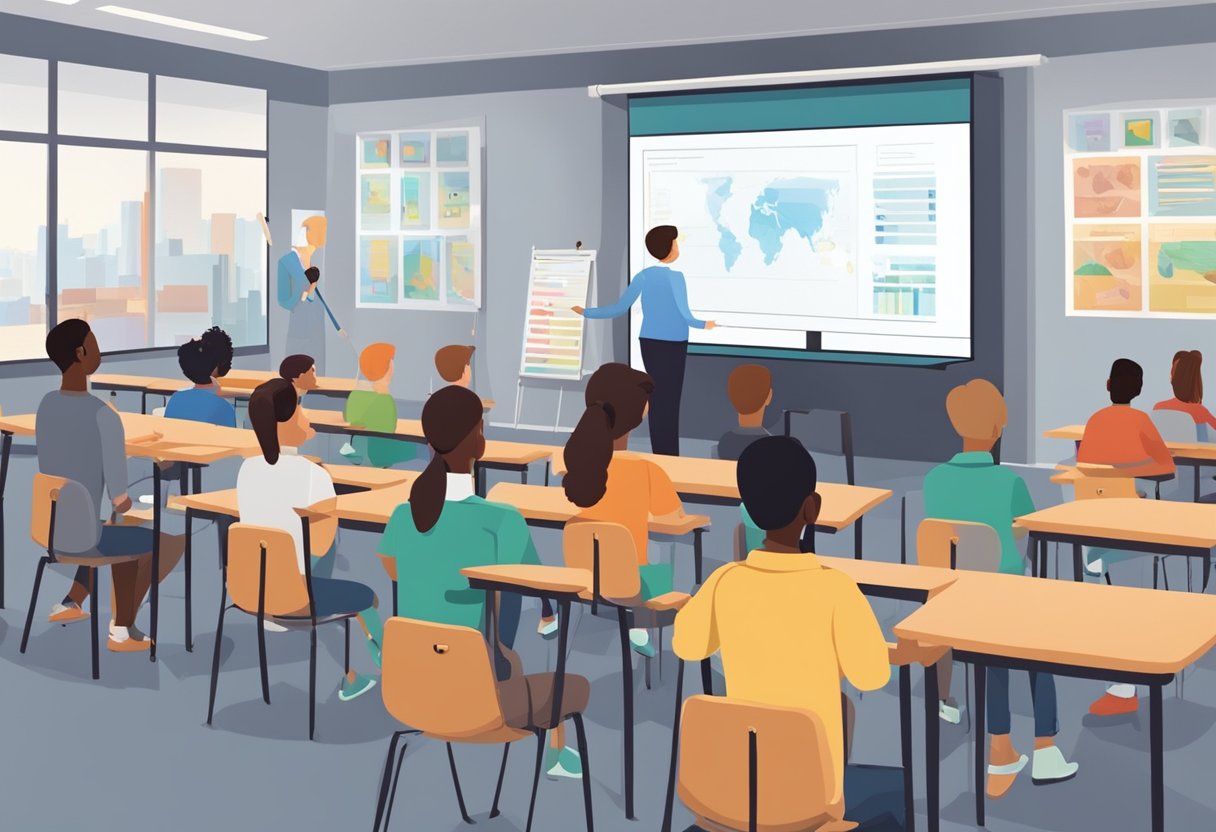 A classroom setting with students watching an animated video on a large screen while a teacher explains technical aspects of animation