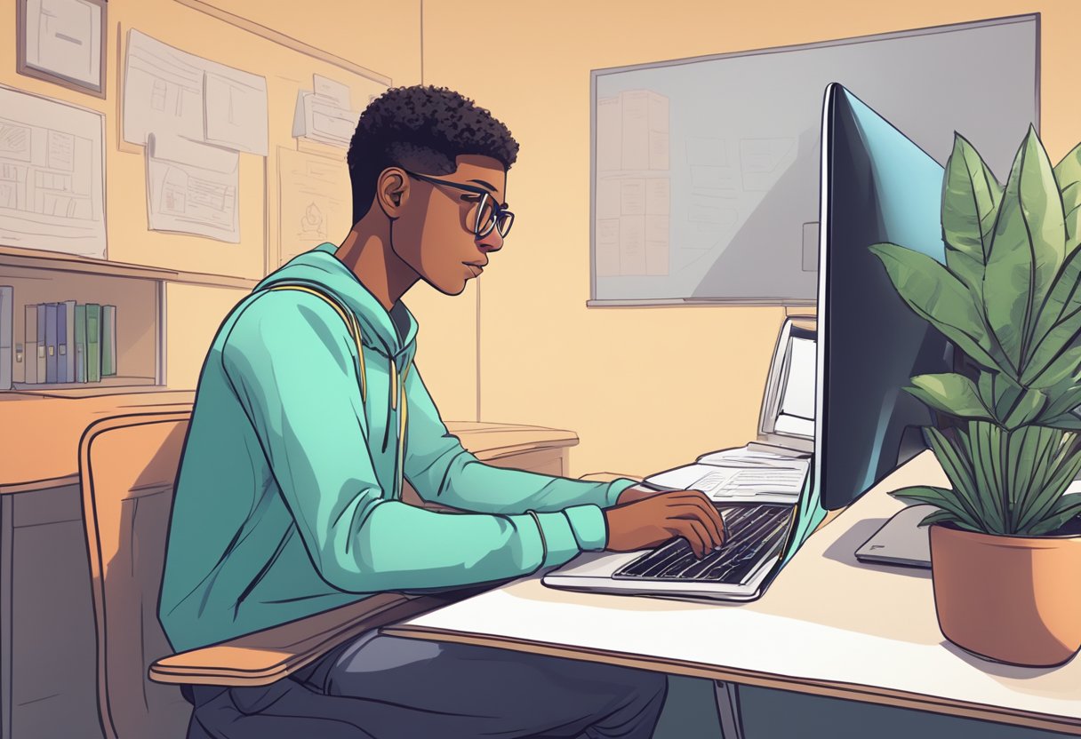 A student sitting at a desk watching a laptop screen displaying an animated revision video with a look of concentration and understanding on their face