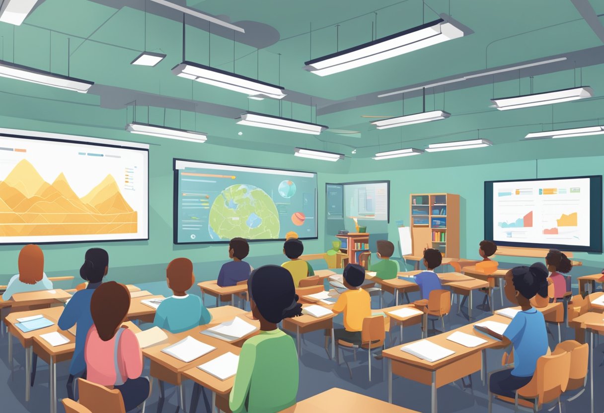 A classroom filled with animated images projected on screens, capturing the attention of engaged students