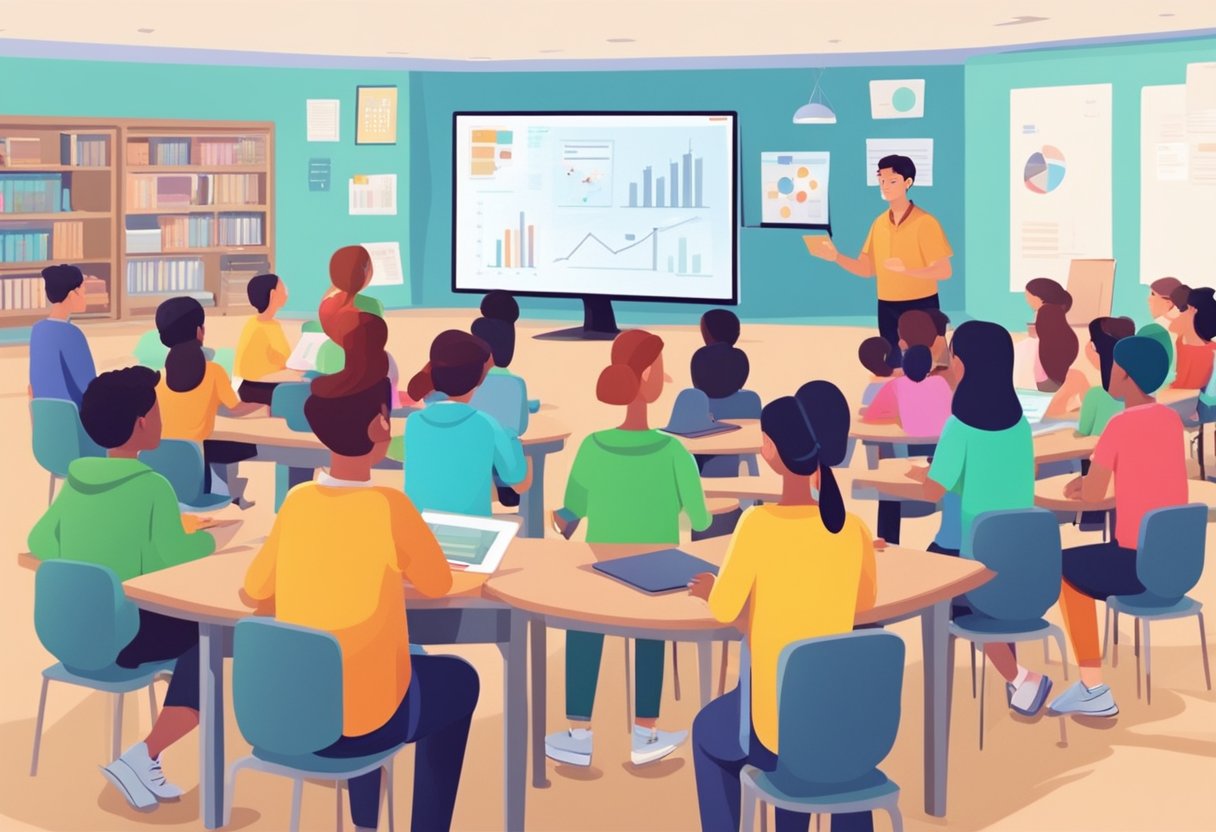 A colorful animated character teaches in front of a group of engaged students, surrounded by educational graphics and interactive technology
