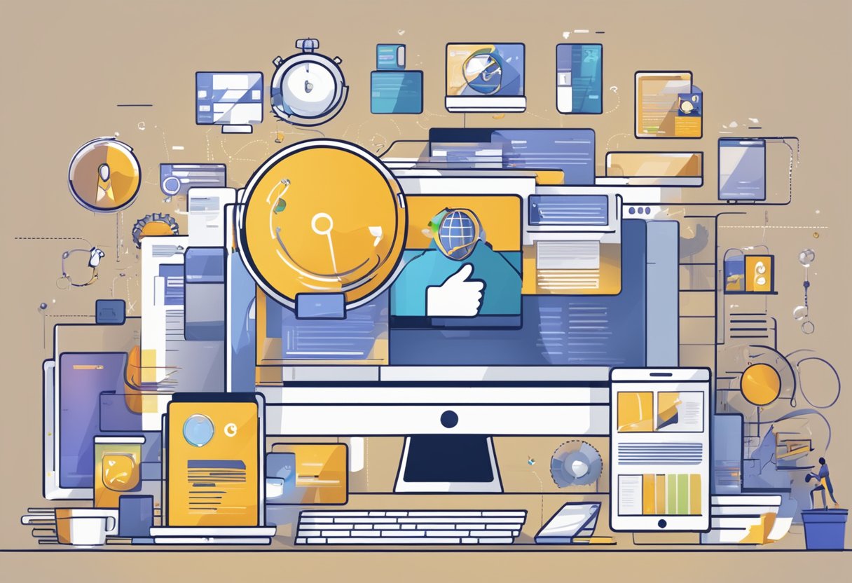 A website with SEO and animation elements visible, surrounded by digital devices and tools, with a spotlight on the "uk bespoke animation services" section
