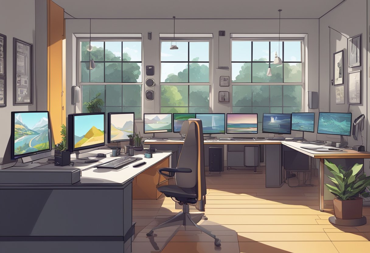 A modern UK animation studio with creative workstations and large computer monitors