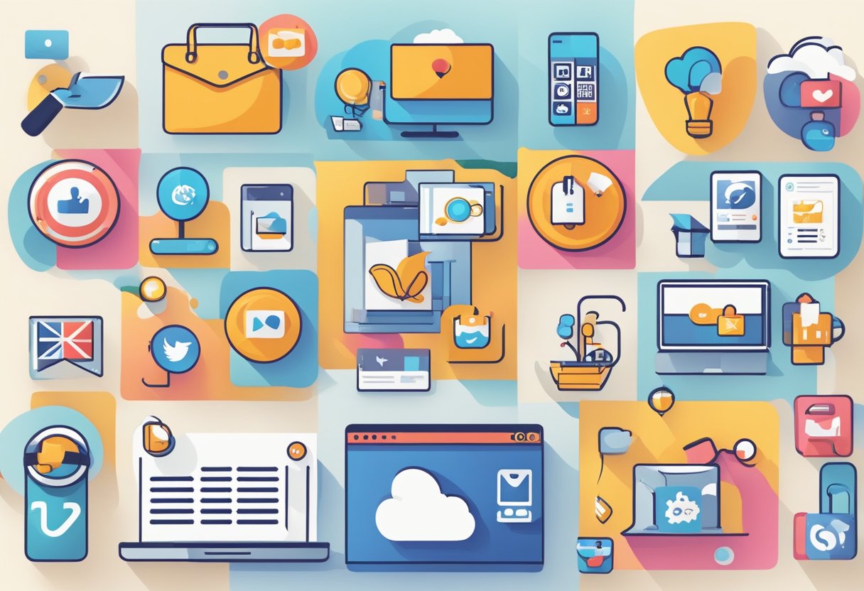 A colorful animated social media marketing campaign with various icons and symbols representing different aspects of the UK