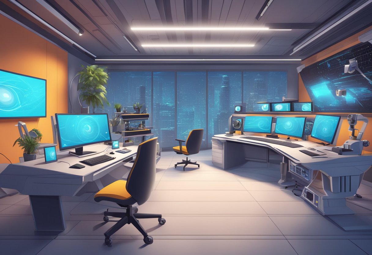 A futuristic animation studio with advanced technology and creative workstations