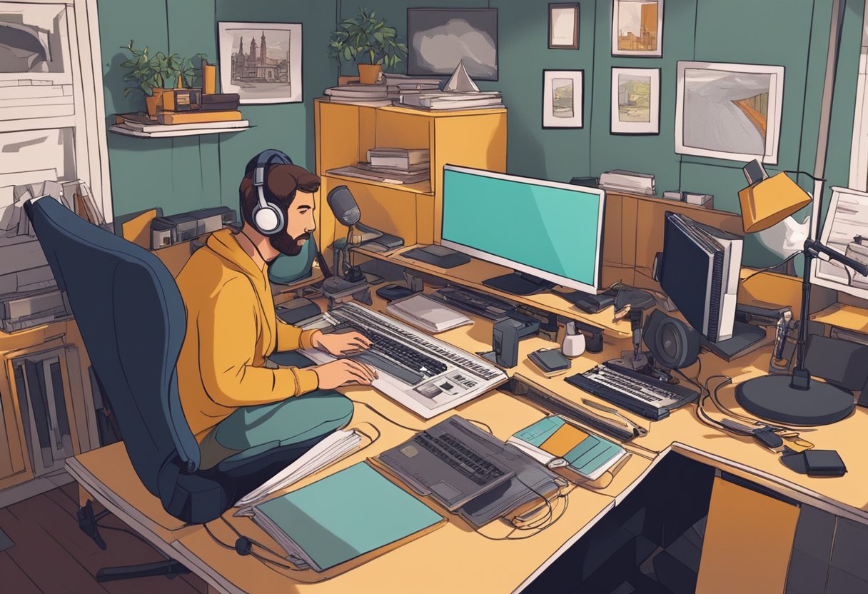 A voiceover artist and scriptwriter collaborate in a cozy UK studio, surrounded by animation materials and equipment