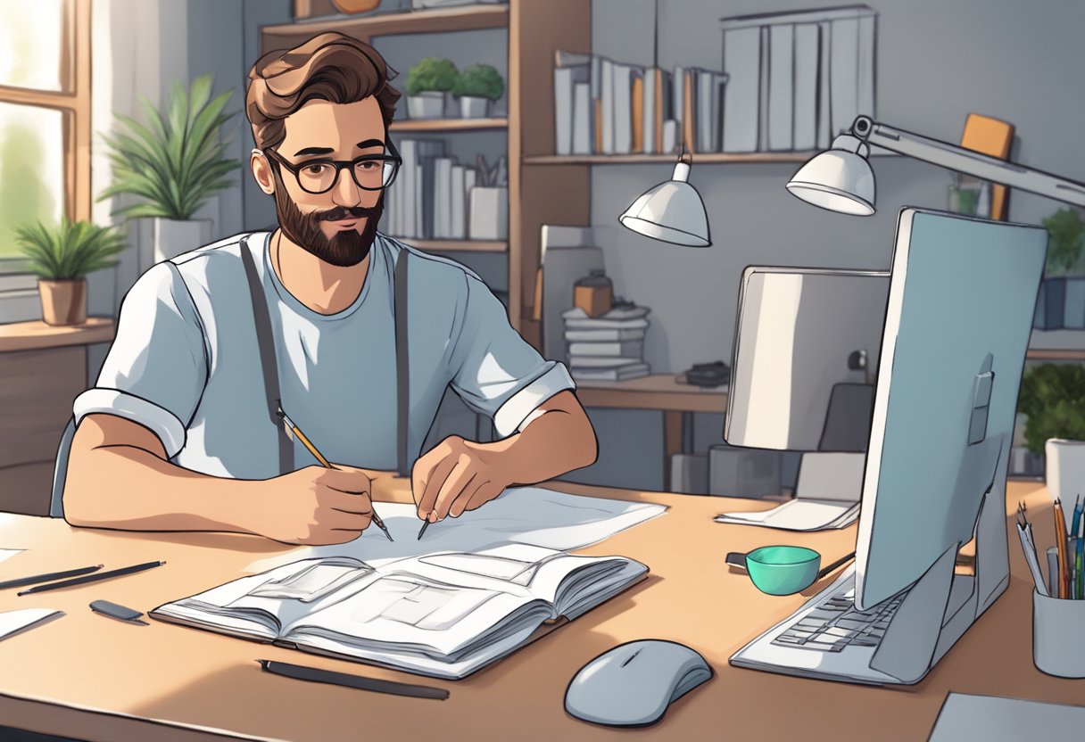 A professional animator creating educational characters and scenes using digital tools and reference materials