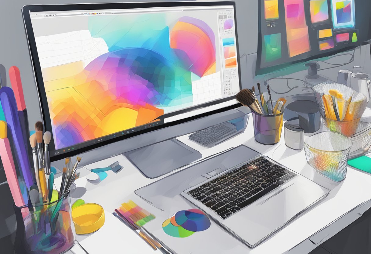 A colorful array of digital tools and brushes, surrounded by sketches and concept art, with a computer screen displaying a character creation software interface