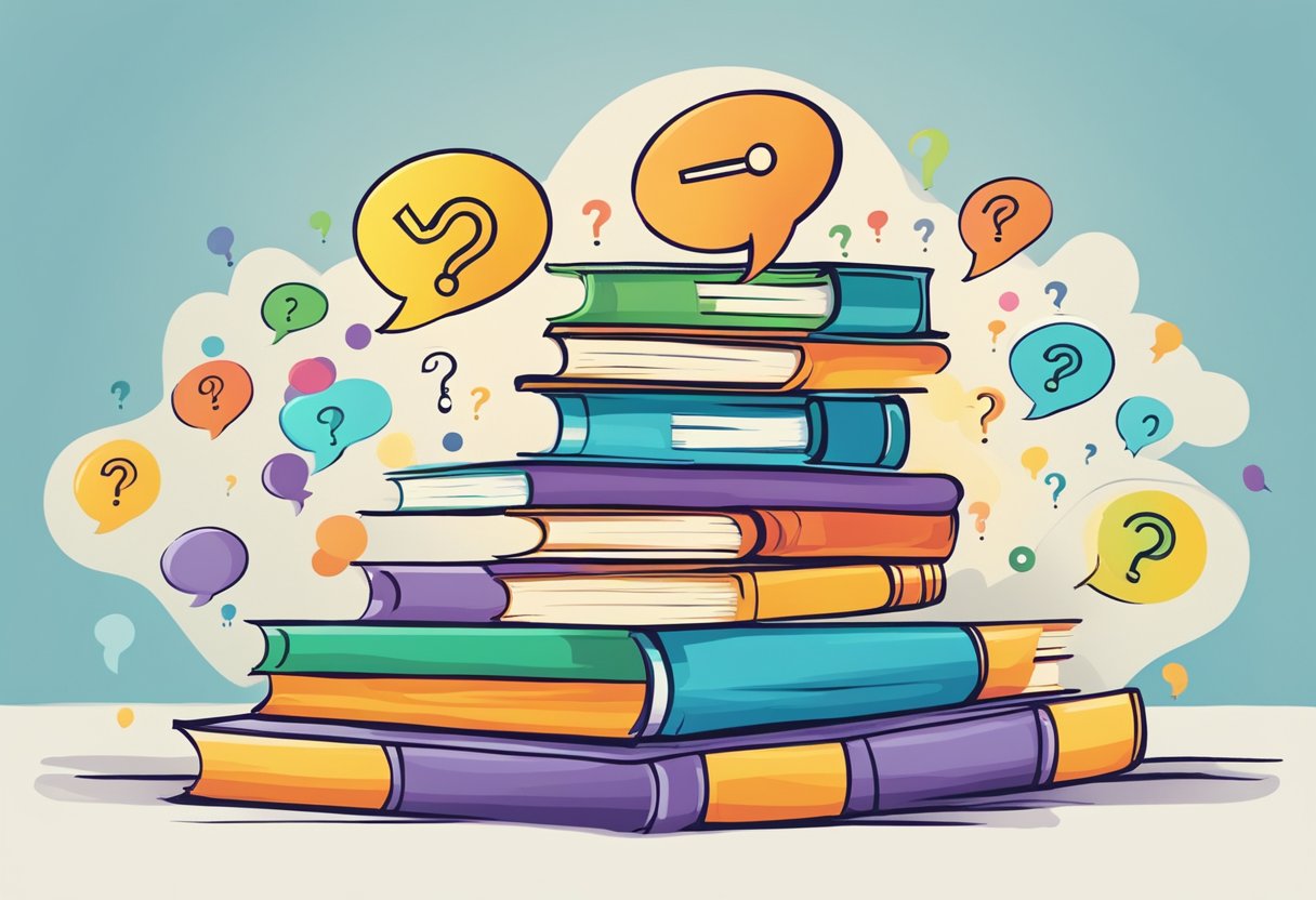A stack of colorful books with a question mark hovering above them, surrounded by floating speech bubbles filled with various question marks